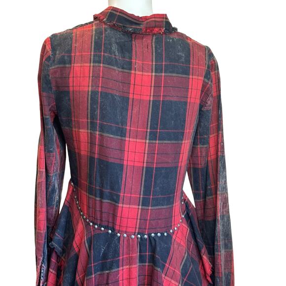 Zara Studded Distressed Circus Red Black Tartan Plaid Shirt Punk sz S NWT - Picture 7 of 13